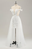 Sheath Off The Shoulder Appliques Lace Cut Out Wedding Dress with Detachable Tulle