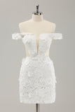Sheath Off The Shoulder Appliques Lace Cut Out Wedding Dress with Detachable Tulle