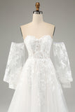 White A Line Off The Shoulder Corset Appliques Lace Wedding Dress with Long Sleeves