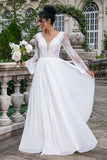 White A Line V Neck Open Back Long Wedding Dress with Appliques Lace
