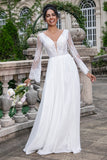 White A Line V Neck Open Back Long Wedding Dress with Appliques Lace