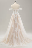 White A Line Off The Shoulder Appliques Lace Corset Wedding Dress with Slit