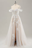 White A Line Off The Shoulder Appliques Lace Corset Wedding Dress with Slit