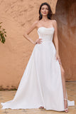 Elegant White A Line Strapless Pleated Sweep Train Corset Bridal Dress With Split