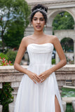 Elegant White A Line Sweep Train Strapless Pleated Corset Wedding Dress With Split