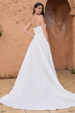 Elegant White A Line Strapless Pleated Sweep Train Corset Bridal Dress With Split