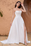 Elegant White A Line Strapless Pleated Sweep Train Corset Bridal Dress With Split