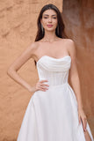 Elegant White A Line Strapless Pleated Sweep Train Corset Bridal Dress With Split