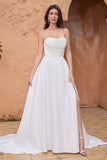 Elegant White A Line Strapless Pleated Sweep Train Corset Bridal Dress With Split