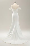 Mermaid Off The Shoulder Pleated Sweep Train Wedding Dress with Slit
