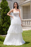 White A Line Sweetheart Corset Tiered Wedding Dress with Appliques Lace