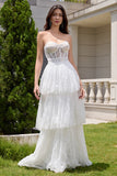 White A Line Sweetheart Corset Tiered Wedding Dress with Appliques Lace