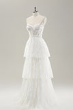 White A Line Sweetheart Corset Tiered Long Wedding Dress with Appliques Lace