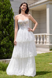 White A Line Sweetheart Corset Tiered Wedding Dress with Appliques Lace