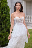 White A Line Sweetheart Corset Tiered Wedding Dress with Appliques Lace