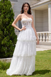 White A Line Sweetheart Corset Tiered Wedding Dress with Appliques Lace