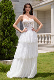 White A Line Sweetheart Corset Tiered Wedding Dress with Appliques Lace