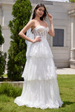 White A Line Sweetheart Corset Tiered Wedding Dress with Appliques Lace