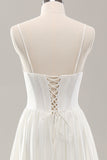 White A Line Spaghetti Straps Corset Lace Up Back Wedding Dress with Slit