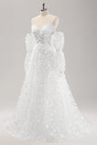 A Line Off The Shoulder Corset White Wedding Dress with Detachable Sleeves