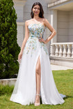 White A Line Strapless Front Slit Tulle Corset Long Wedding Dress With Embroidery