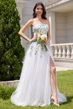 White A Line Strapless Front Slit Tulle Corset Wedding Dress With Embroidery