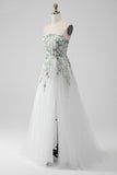White A Line Strapless Front Slit Tulle Corset Wedding Dress With Embroidery