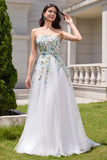 White A Line Strapless Front Slit Tulle Corset Long Wedding Dress With Embroidery