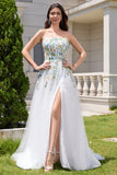 White A Line Strapless Front Slit Tulle Corset Long Wedding Dress With Embroidery