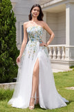 White A Line Strapless Front Slit Tulle Corset Long Wedding Dress With Embroidery