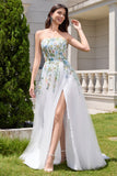 White A Line Strapless Front Slit Tulle Corset Long Wedding Dress With Embroidery