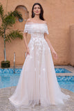 Princess Off The Shoulder Corset Long Bridal Dress with Appliques Lace