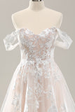 White A Line Off The Shoulder Corset Wedding Dress with Appliques Lace