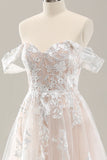 White A Line Off The Shoulder Corset Wedding Dress with Appliques Lace