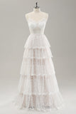 White A Line Spaghetti Straps Corset Tiered Lace Long Wedding Dress
