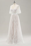 White A Line V Neck Corset Lace Long Wedding Dress with Cape Sleeves
