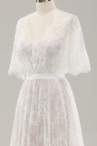 White A Line V Neck Corset Lace Long Wedding Dress with Cape Sleeves