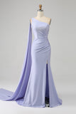 Lilac Mermaid One Shoulder Backless Long Prom Dress with Slit