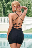 Sparkly Black Mermaid Beaded Sheer Short Homecoming Dress with Lace-Up Back