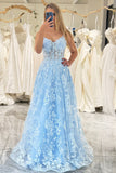 Sky Blue A Line Spaghetti Straps V Neck Tulle Long Corset Prom Dress With Appliques