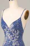 Dark Blue Sparkly Sheath Spaghetti Straps Short Homecoming Dress with Sequins