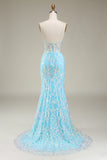 Glitter Light Blue Mermaid Spaghetti Straps Long Prom Dress