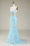 Glitter Light Blue Mermaid Spaghetti Straps Long Prom Dress