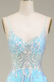 Glitter Light Blue Mermaid Spaghetti Straps Long Prom Dress