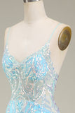 Glitter Light Blue Mermaid Spaghetti Straps Long Prom Dress