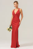 Champagne Mermaid Deep V Neck Ruched Long Bridesmaid Dress with Lace Up Back