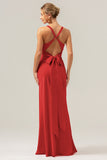 Champagne Mermaid Deep V Neck Ruched Long Bridesmaid Dress with Lace Up Back