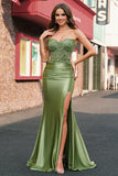 Sage Mermaid Spaghetti Straps Lace-up Back Long Prom Dress with Slit