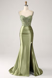 Sage Mermaid Spaghetti Straps Corset Sequin Lace-up Back Prom Dress With Slit