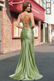 Sage Mermaid Spaghetti Straps Lace-up Back Long Prom Dress with Slit